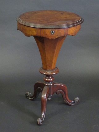 A Victorian circular conical mahogany work box with hinged lid, raised on pillar and tripod support, 17"   ILLUSTRATED