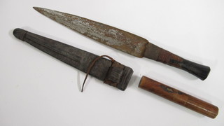 An Eastern dagger with 9" double edged blade contained in a  scabbard together with a treen needle case 5"