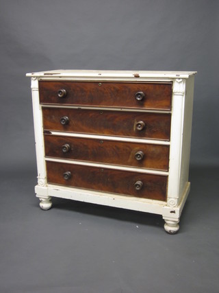 A William IV mahogany and white painted chest of 4 long  drawers with scroll decoration to the side, 46"