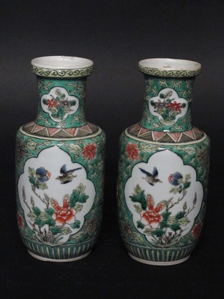 A pair of Canton famille vert porcelain club shaped vases with floral decoration 7 1/2"  ILLUSTRATED