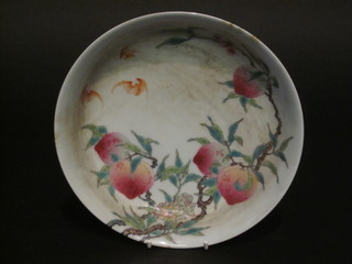 A circular Oriental bowl decorated bats and fruit, the base with seal mark 8"