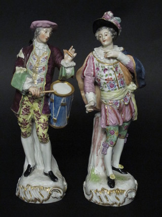 A pair of 19th Century Continental figures of standing Gallant  and Drummer, 9 1/2", chips to fingers,