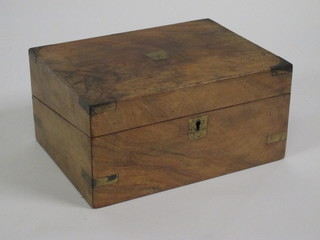 A Victorian walnut and brass banded writing slope with hinged  lid complete with cut glass inkwells 12"