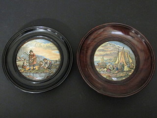 A 19th Century Prattware pot lid - Shrimping and 1 other  Fisherfolk, contained in socle frames 6"