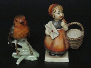 An early Goebel figure of a standing girl with large basket and letter, together with a Goebel figure of a robin, base marked  CV100