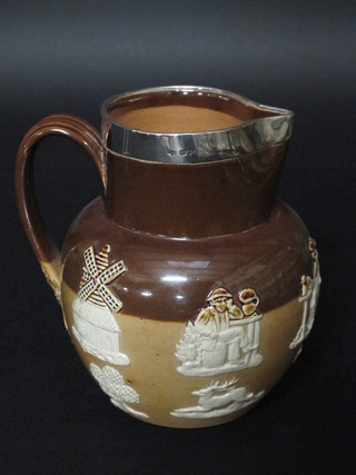 A Doulton Lambeth salt glazed hunting jug with silver rim 6  1/2"
