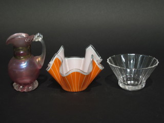 A Villeroy & Bosch circular glass panel cut dish 5", an orange handkerchief vase, chipped, 4" an opaque purple glass jug,  signed to base,