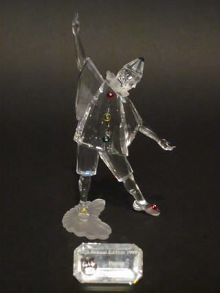 A Swarovski crystal 1990 figure of a standing Pierrot clown 8  1/2", loose to base, complete with plaque