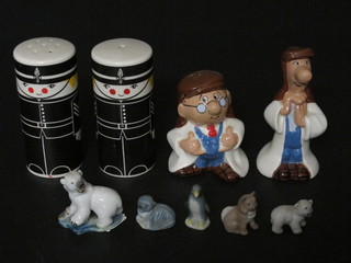 A Carltonware salt and pepper in the form of standing soldiers, a Wade salt and pepper in the form of Tetley Tea men and 5 Wade  Whimsies Polar Set figures