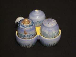 A Shelley blue glazed 3 section condiment set with salt, pepper  and mustard pot, base marked 9823/B