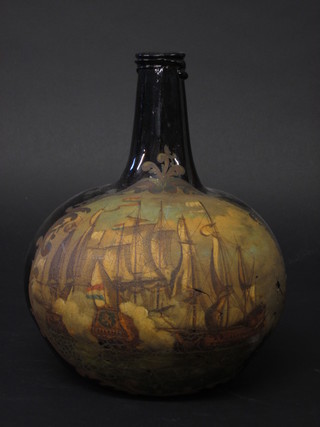 An antique glass bottle of club form painted a Naval engagement  and with armorial decoration 11", VERY F,