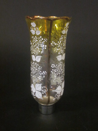 An enamelled opaque glass trumpet shaped light shade 10"
