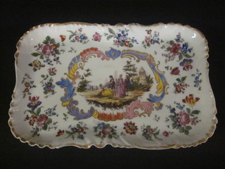 A Meissen style rectangular porcelain tray with floral decoration  and figures to the centre 14"