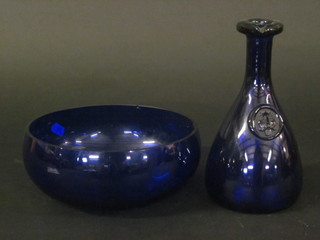 A Bristol Blue glass bottle 9" and do. bowl 9"
