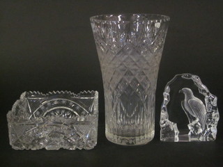 A cut glass vase 12", a square cut glass bowl 9" and a glass  sculpture of an eagle 7"