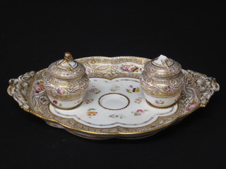 A 19th Century porcelain oval twin handled standish with gilt and floral decoration 12" together with a pair of inkwells, f,