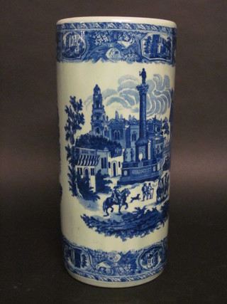 A reproduction Victorian cylindrical blue and white stick stand,  17", cracked