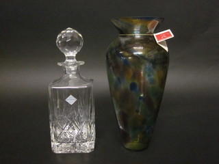 A cut glass spirit decanter and stopper and a Hartley Wood vase  11"