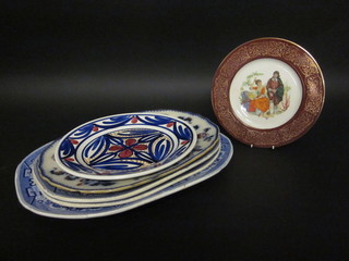 3 graduated blue and white meat plates and 1 other meat plate  and 2 circular pottery plates