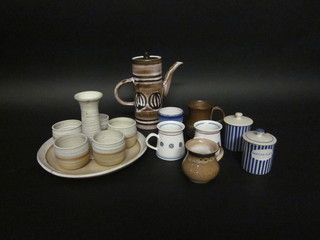 A circular Art Pottery lemonade set comprising circular tray and  5 beakers, the base incised London, together with a Cinque ports  coffee pot, 4 Rye pottery mugs, 2 Rye pottery storage jars and  ditto vase