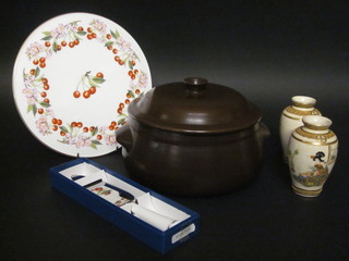 A circular brown glazed tureen and cover 9", a pair of Japanese  late Satsuma pottery vases 5", a glass platter, a Royal Worcester  platter and a do. cake slice