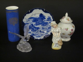 A Royal Worcester cylindrical crackle glazed blue vase, the base  with red Worcester mark 9", a Dresden style urn and cover, a  blue glazed pottery plate, pottery figure of a chicken and a glass  sculpture of a bird