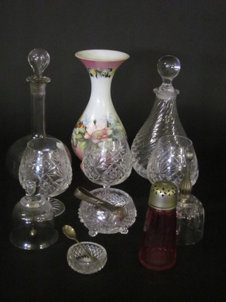 An opaque club shaped vase painted flowers 10", a club shaped decanter and stopper, a cranberry sugar sifter and other glassware