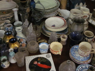 A part Royal Cauldron Victoria pattern dinner service, various decorative ceramics including a gilt metal dressing table set, a  blue glass ewer etc