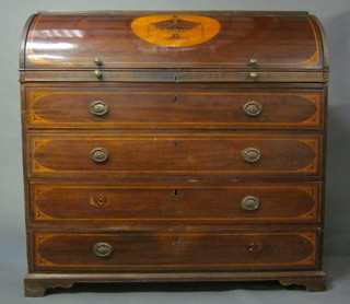 A 19th Century mahogany cylinder bureau with pierced brass three-quarter gallery, the interior part fitted above 4 long  drawers, raised on bracket feet, 46"