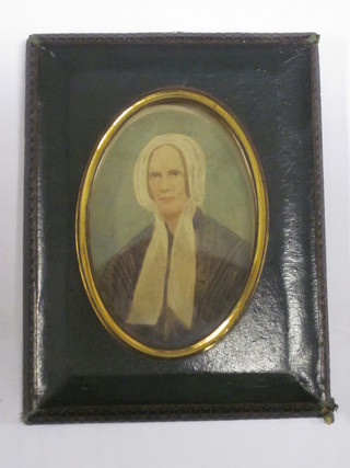 A portrait watercolour miniature of a lady 3", in a green leather frame
