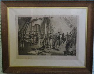 A monochrome print "The Last Signal at Trafalgar" 23" x 32", some foxing contained in an oak frame
