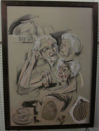 A monochrome drawing "Elderly Lady by a Pier Building"  together with various others of dancing shoes and dancers 32" x  23"