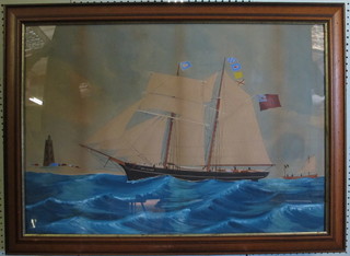 19th Century watercolour "British Twin Masted Merchant Ship  New Leader, off Gaspe Newfoundland" 23" x 33"