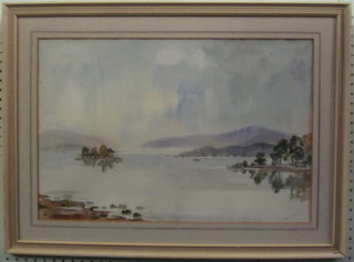 Phyllis Barnes, watercolour drawing "Lake Scene with Mountains  in Distance" 14" x 21"