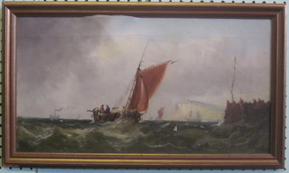Oil on canvas "Sailing Ship in Heavy Seas of Cliff" 9" x 17 1/2"