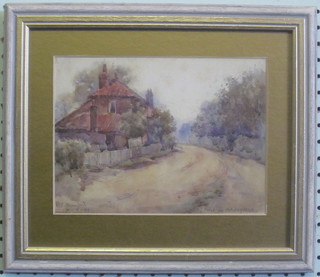 R T Mulford, watercolour "Country Lane with Cottage" 7" x 9  1/2"