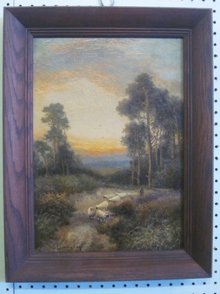W Langley, Victorian oil on canvas "Rural Scene with Figure  Driving Sheep at Sunset" 13" x 9", contained in an oak frame