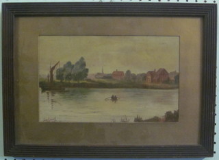 John Dowell, watercolour "Figures on a River with Building in  Distance" 6 1/2" x 10 1/2"