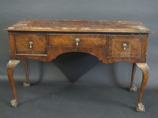 A Queen Anne walnut side table with crossbanded top, fitted 1  long and 2 short drawers, raised on cabriole supports 48"