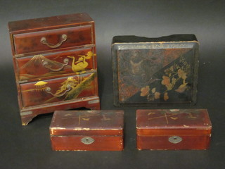 An Eastern lacquered miniature chest of 3 long drawers 7", an Eastern lacquered box 7" and 2 other Eastern boxes
