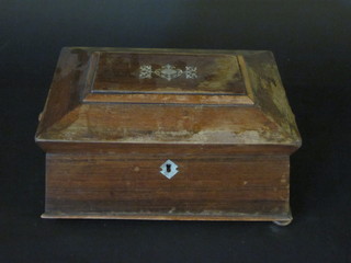 A Victorian rosewood sewing box of sarcophagus form with ring  drop handles and hinged lid 10", raised on bun feet, 1 missing,