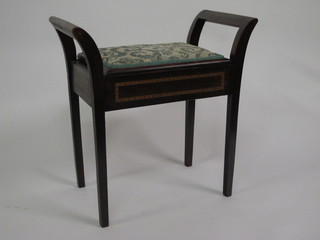 An Edwardian inlaid mahogany box seat piano stool with hinged  lid, raised on square tapering supports