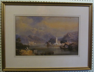 Continental watercolour "Study of Mountain Lake with Figures"  11" x 17"