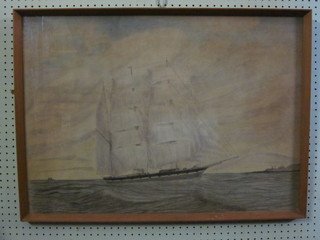 Pencil drawing "Clipper" 21" x 29", the reverse labelled Myrtle  Holme Clipper Barque