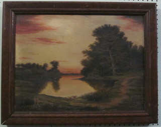 Oil on canvas "Lake Scene at Sunset" 14" x 19"