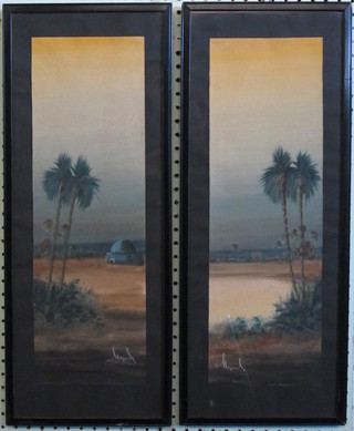 A pair of gouache drawings "Middle East Scenes with Buildings and Palm Trees" 19" x 6 1/2",