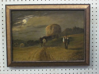 F Morgan, oil on canvas "Moonlit Hayrick" signed and dated 9  1/2" x 13 1/2"