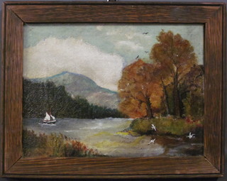 Oil on canvas "Mountain Lake with Fishing Boat" 6" x 8"  contained in an oak frame