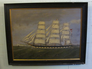Oil on canvas "The Three Masted Clipper Crusader" the reverse  marked launched March 1865, monogrammed PFL, 25" x 34"  contained in an ebony frame  ILLUSTRATED