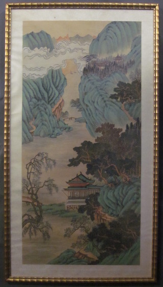 Oriental coloured print "River with Pagodas" 34" x 16 1/2"